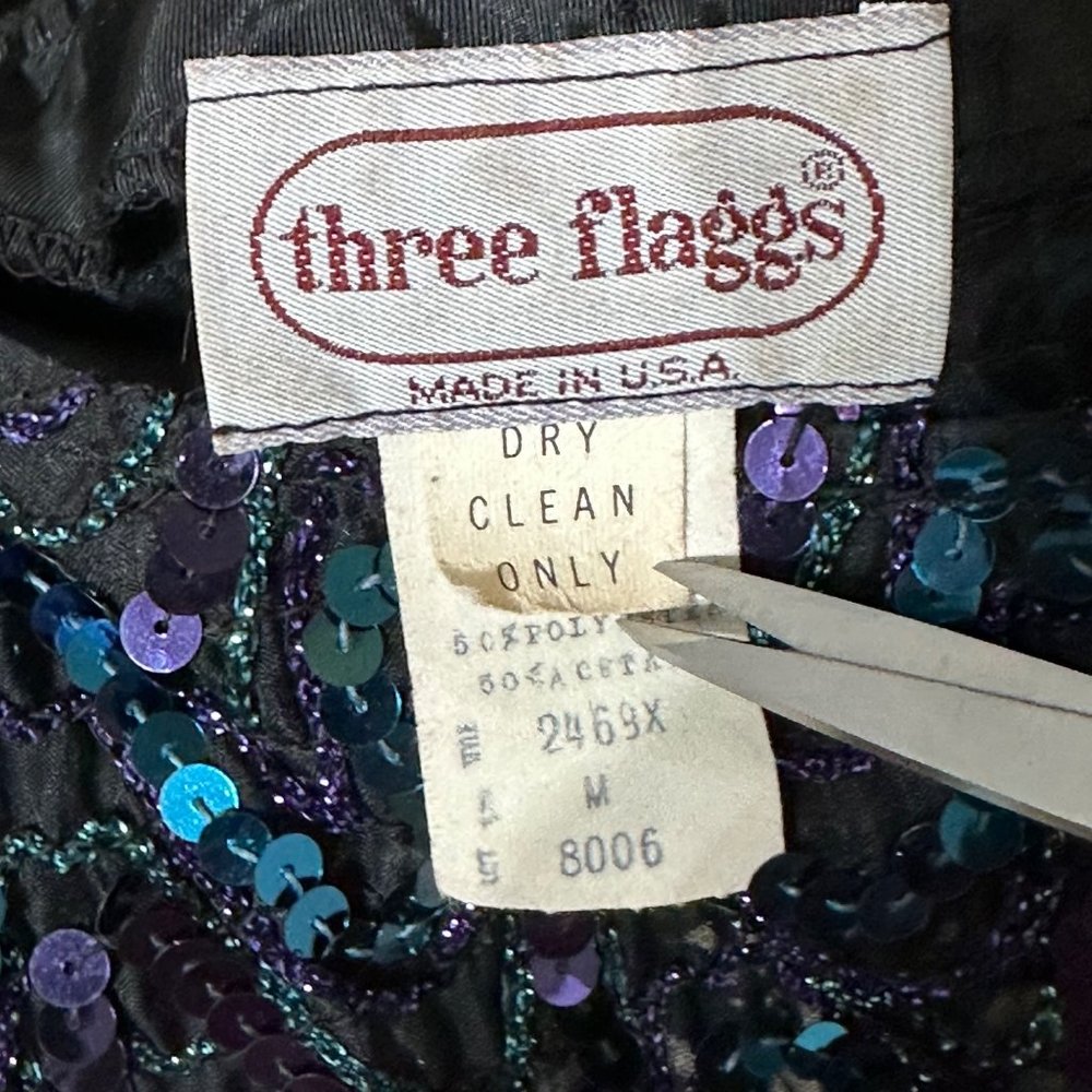 VTG Three Flaggs made in USA women’s sz M blue purple sequin holiday cropped top - Picture 5 of 6